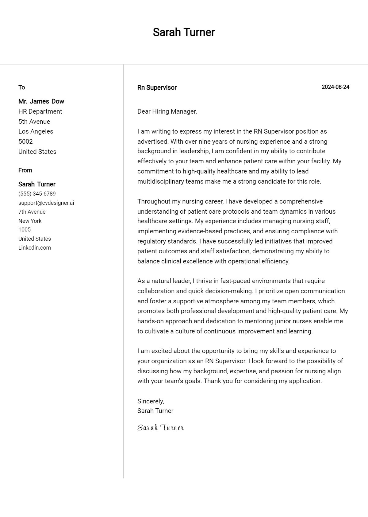 Rn Supervisor Cover Letter Examples and Templates for 2026 Preview