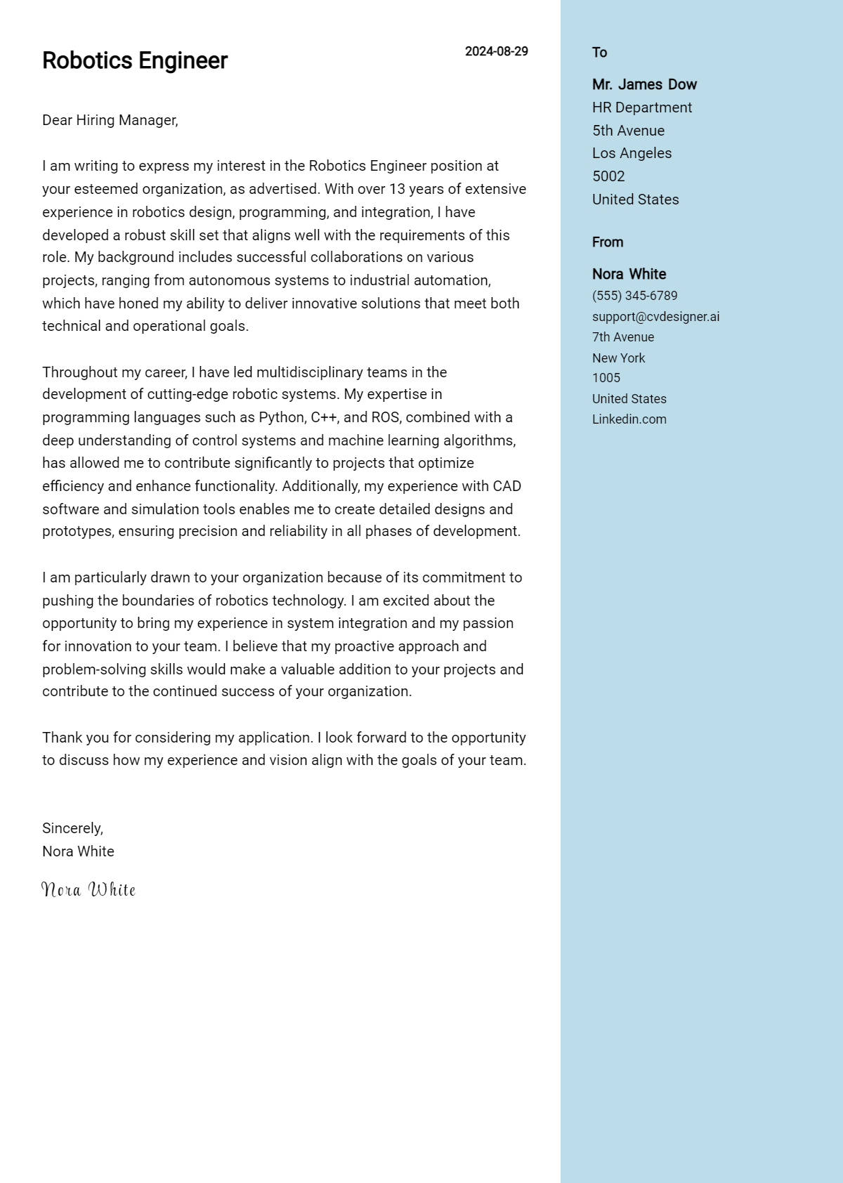 Robotics Engineer Cover Letter Example for 2026: Top CV Skills Preview