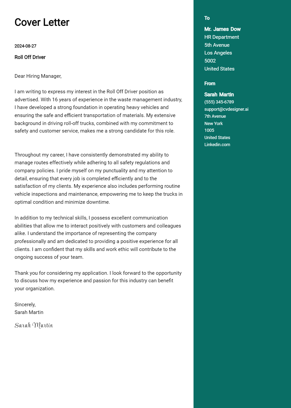 10 Roll Off Driver Cover Letter Examples for 2026: Proven Tips Preview