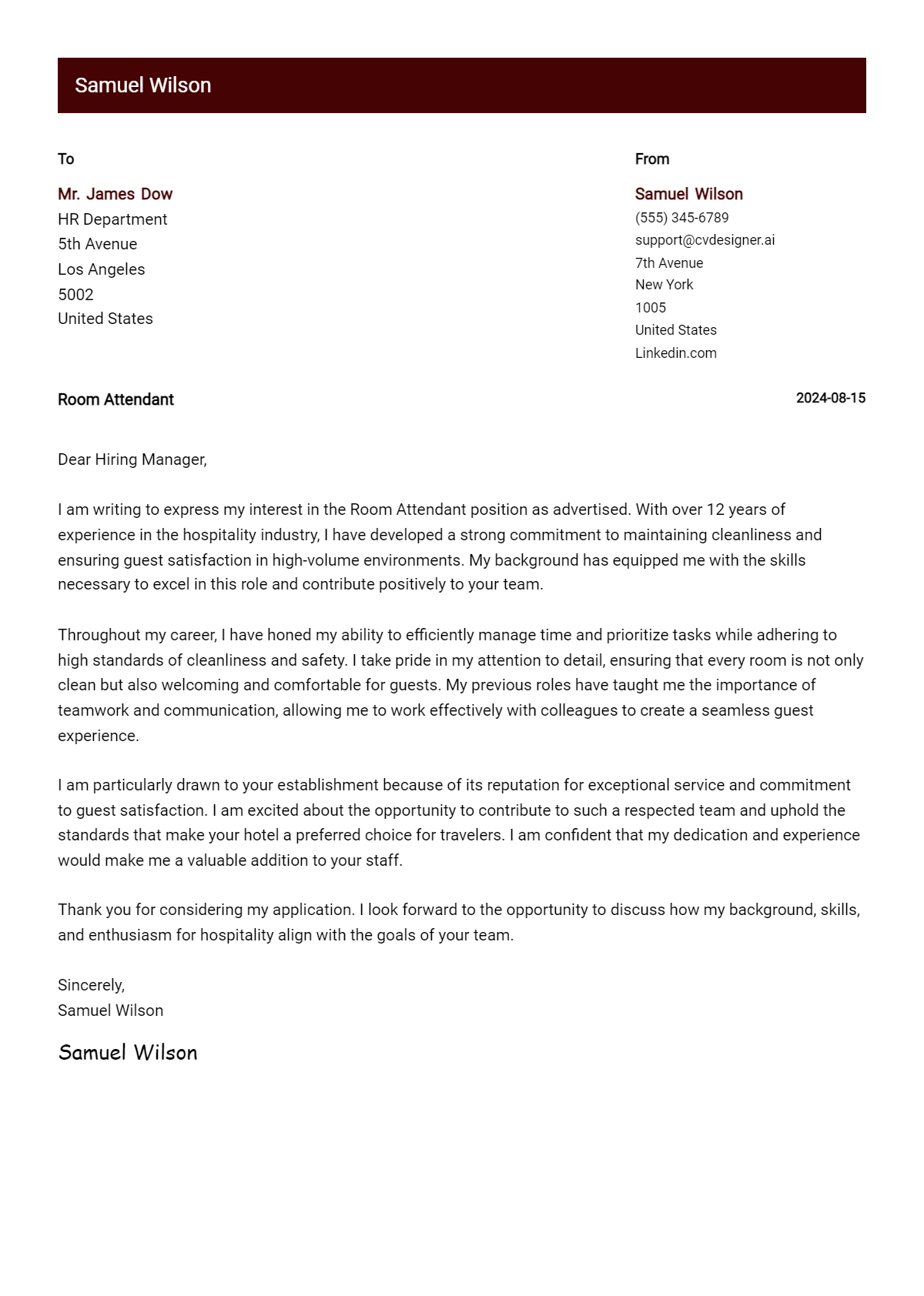 Room Attendant Cover Letter Example for 2026: Expert Tips & Templates Preview