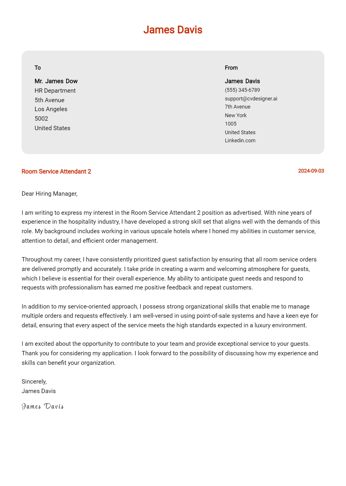 6 Room Service Attendant Cover Letter Examples & Samples for 2026 Preview