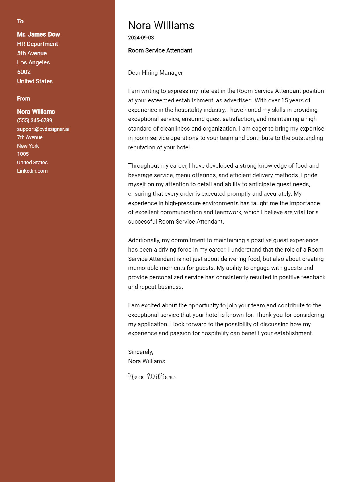 20 Room Service Attendant Cover Letter Example for 2026 (Free Templates) Preview