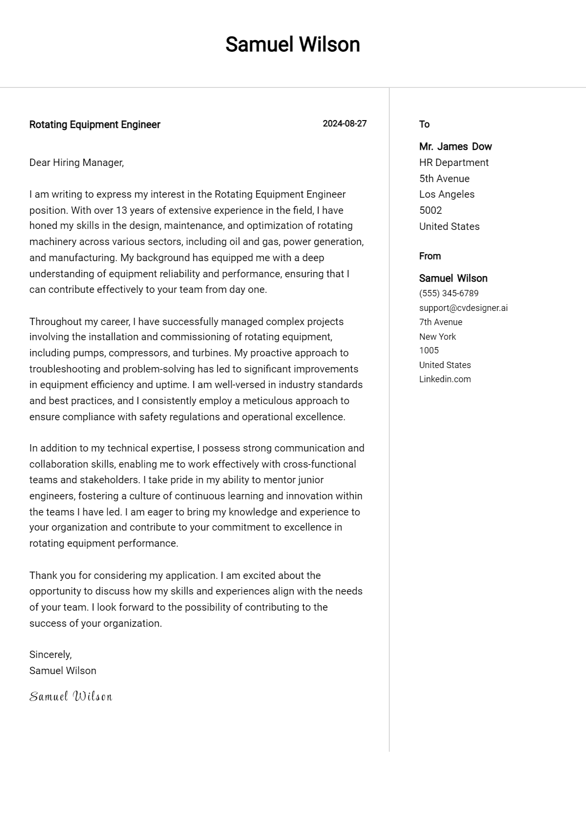 Rotating Equipment Engineer Cover Letter Example for 2026 (Writing Guide) Preview
