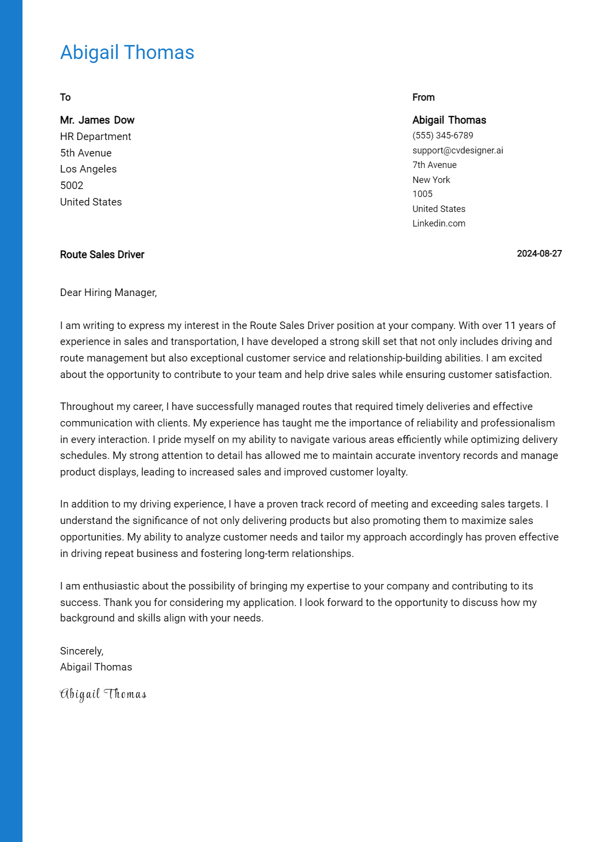 Route Sales Driver Cover Letter Example for 2026: Ultimate Guide Preview