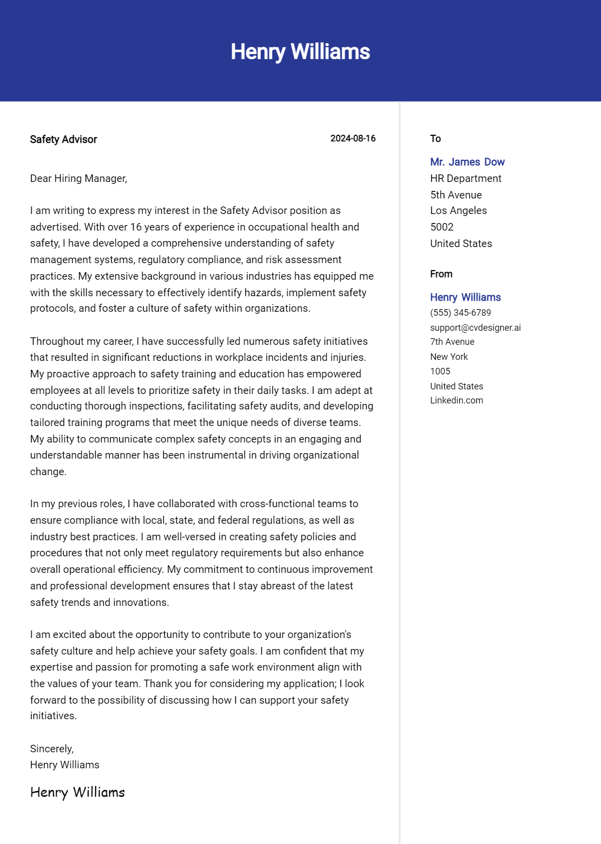 Safety Advisor Cover Letter Examples for 2026 (Downloadable) Preview