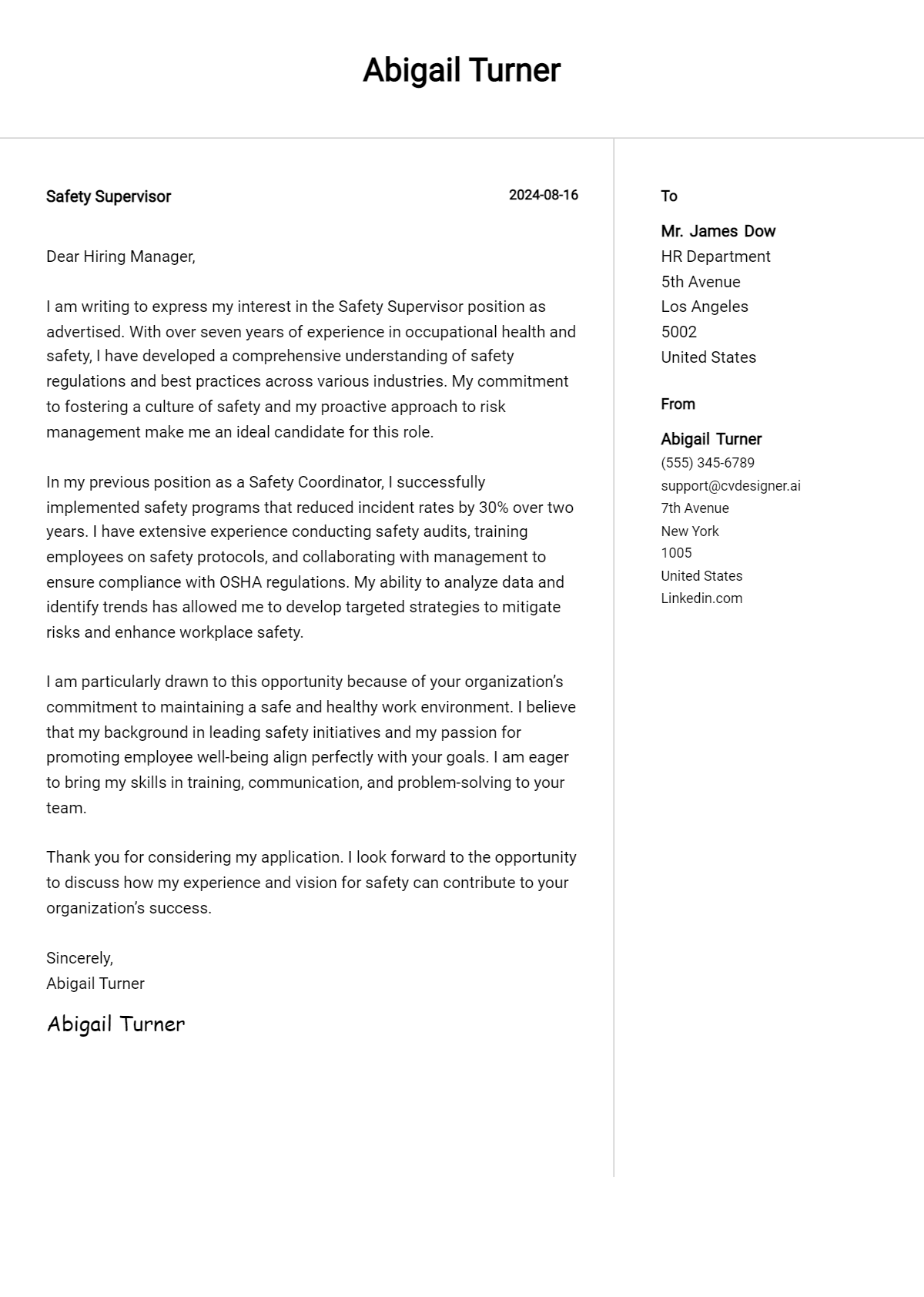 Safety Supervisor Cover Letter Examples for 2026 (Downloadable) Preview
