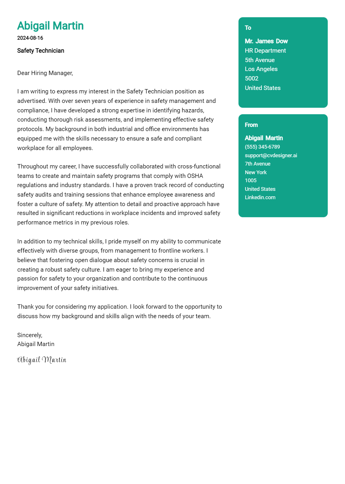 Safety Technician Cover Letter Example for 2026 (Writing Guide) Preview