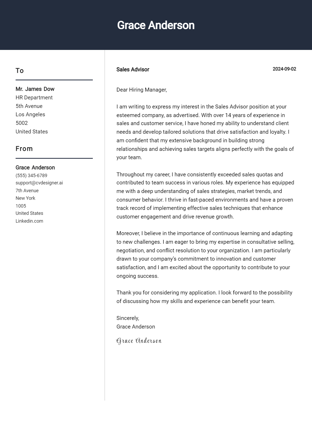 Sales Advisor Cover Letter Example for 2026 (Free Templates) Preview