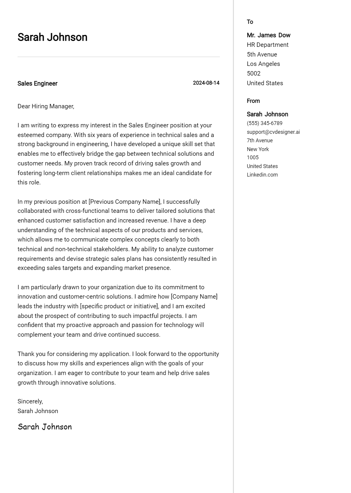 Sales Engineer Cover Letter Example for 2026 (Free Templates) Preview