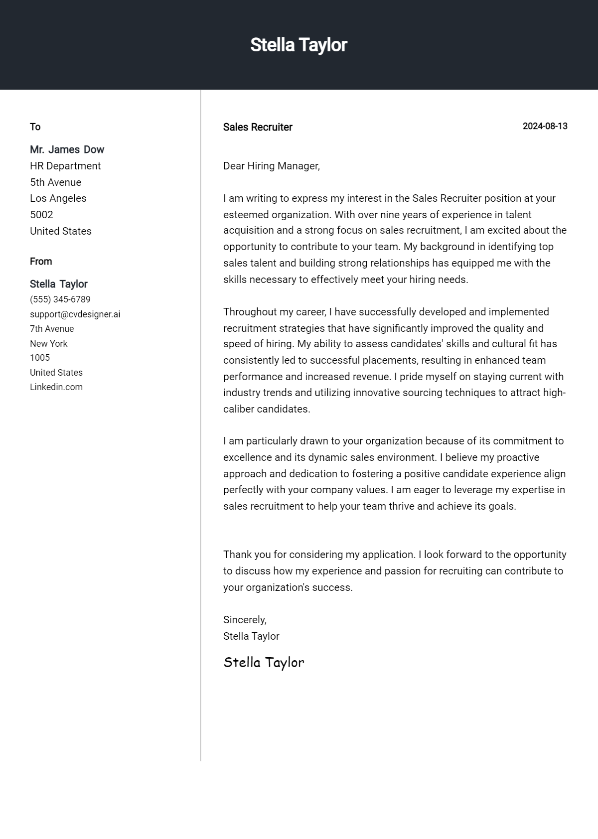 15 Sales Recruiter Cover Letter Example for 2026 (Writing Guide) Preview