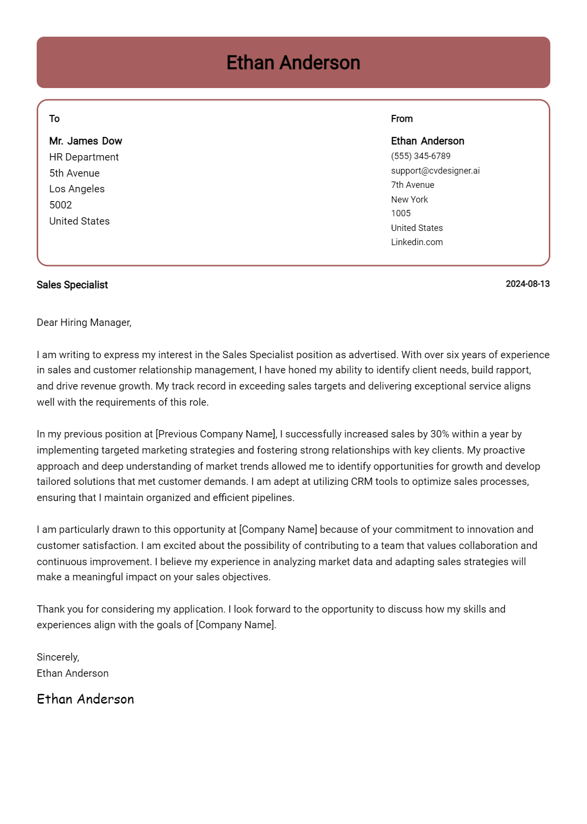 19 Sales Specialist Cover Letter Examples for 2026 (Free Templates) Preview