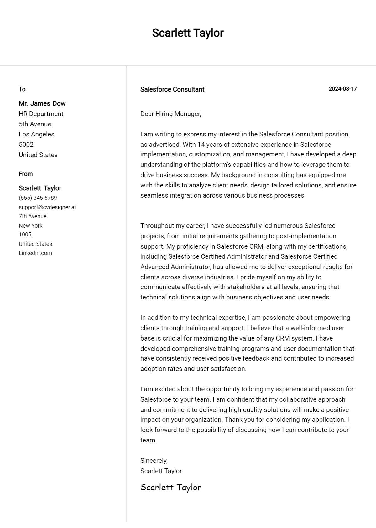 19 Salesforce Consultant Cover Letter Examples for 2026: Free Templates Preview