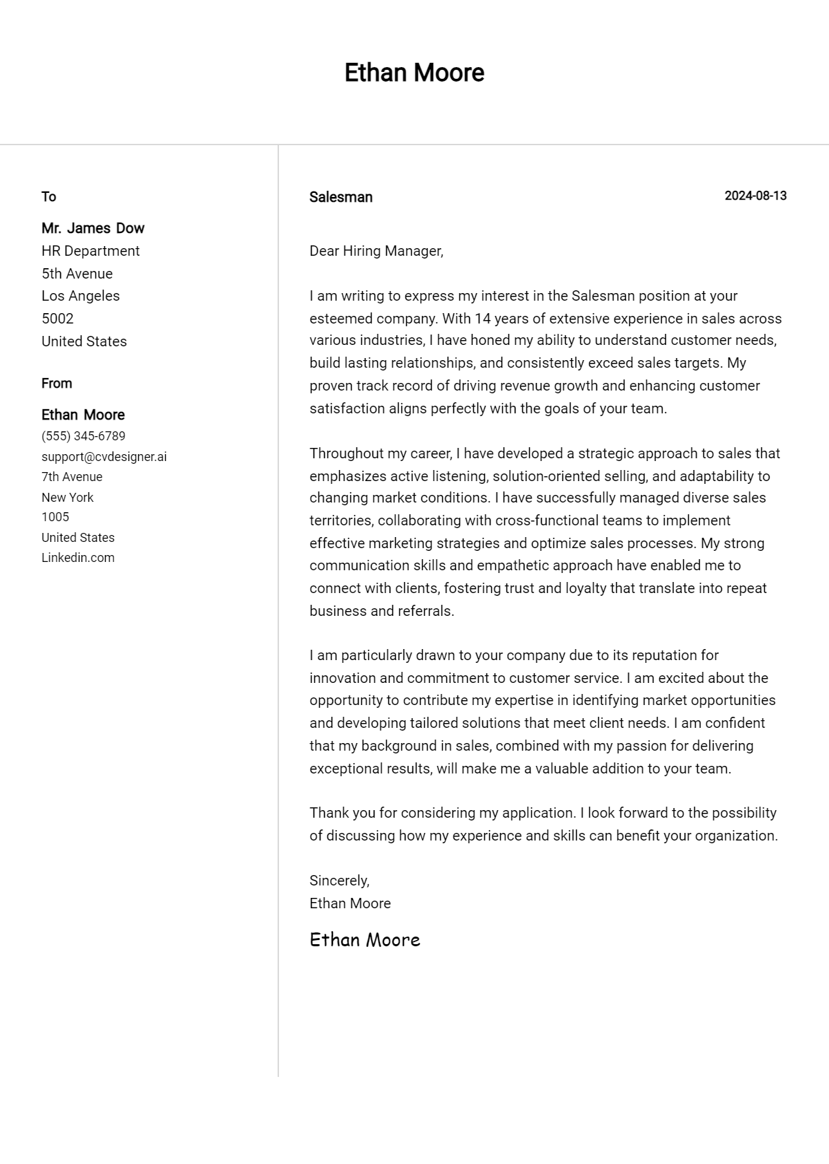 Salesman Cover Letter Example for 2026 (Download Templates) Preview