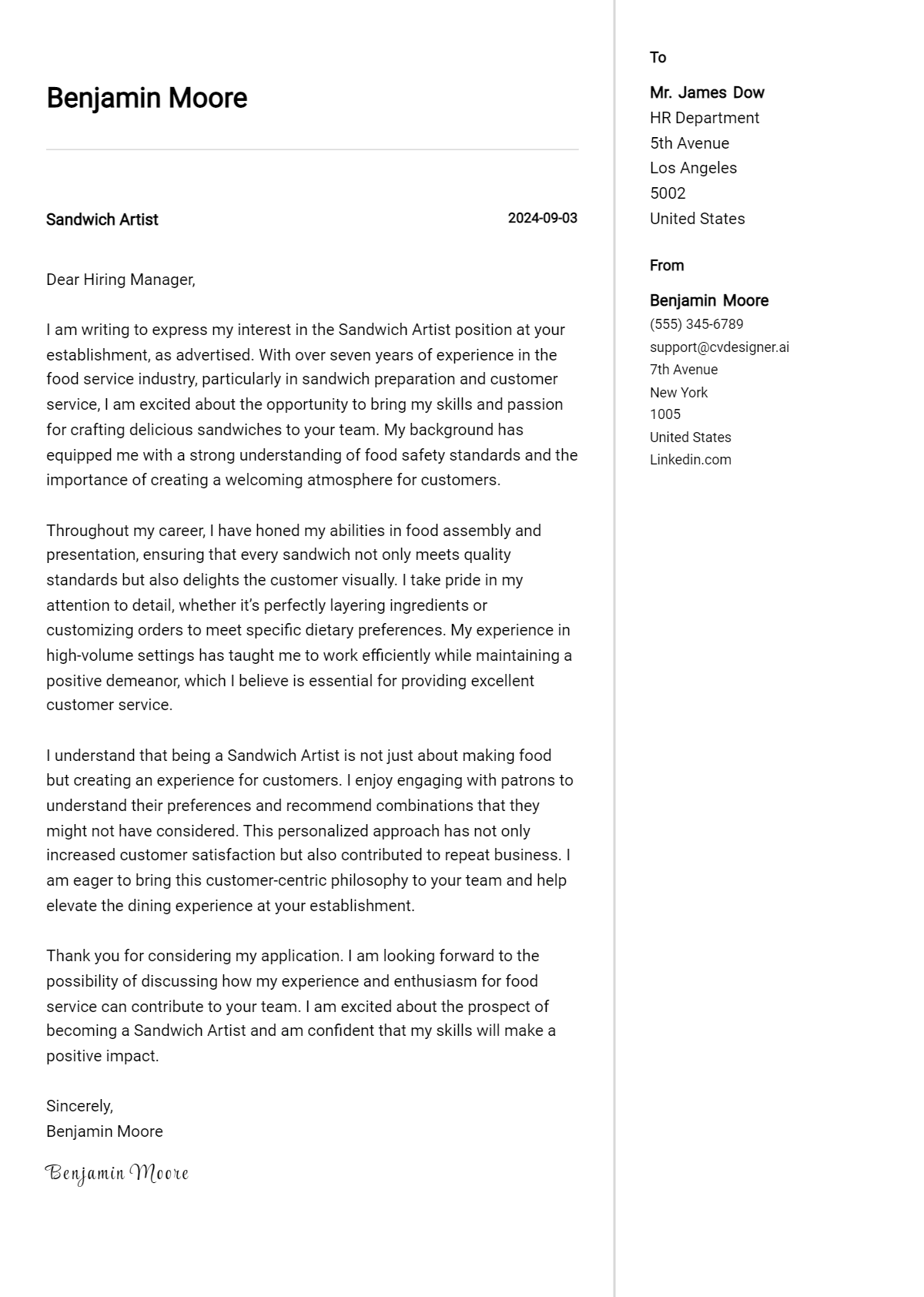 Sandwich Artist Cover Letter Examples for 2026 (Downloadable) Preview