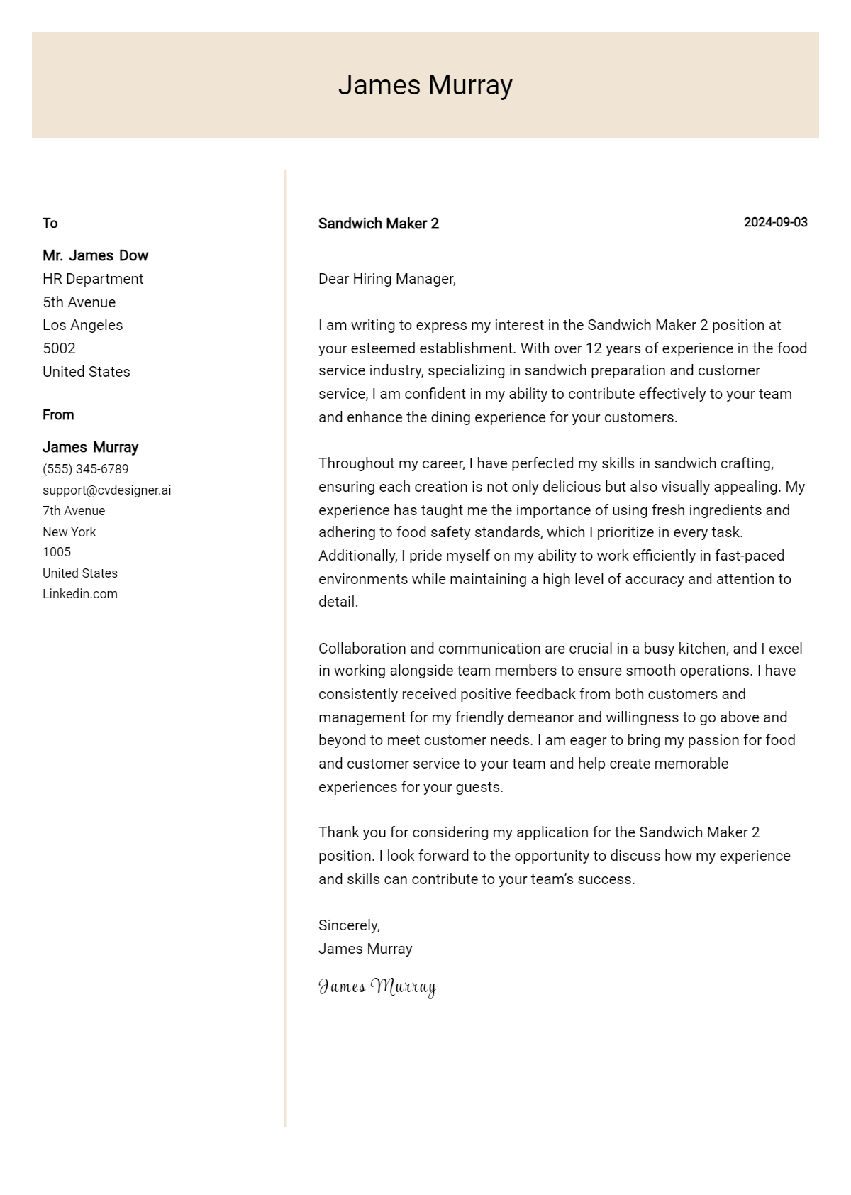 Sandwich Maker Cover Letter Example for 2026 (Download Templates) Preview