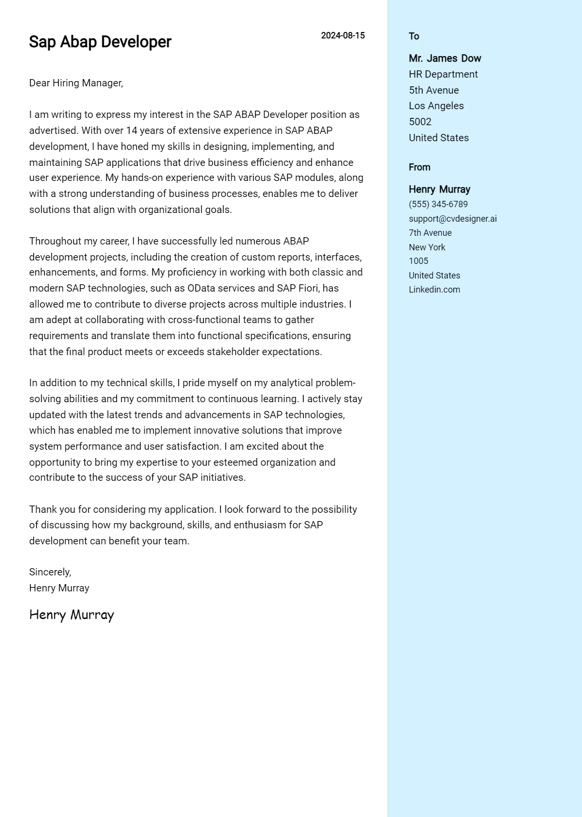 SAP ABAP Developer Cover Letter Examples & Samples for 2026 Preview
