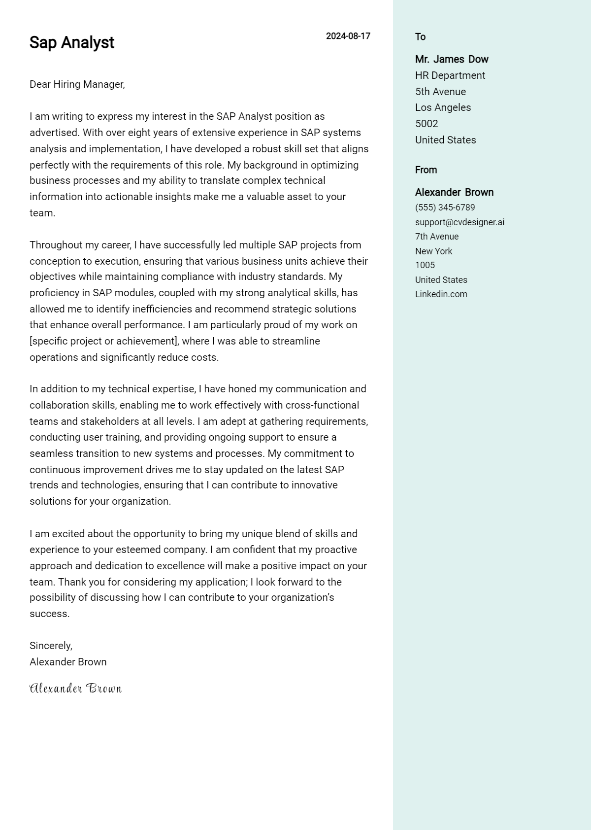 SAP Analyst Cover Letter Example for 2026 (Writing Guide) Preview