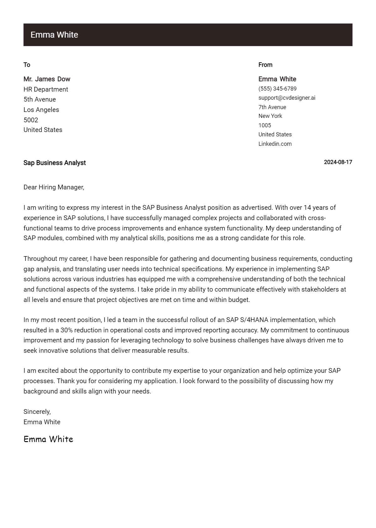 SAP Business Analyst Cover Letter Example for 2026: Tips & Templates Preview