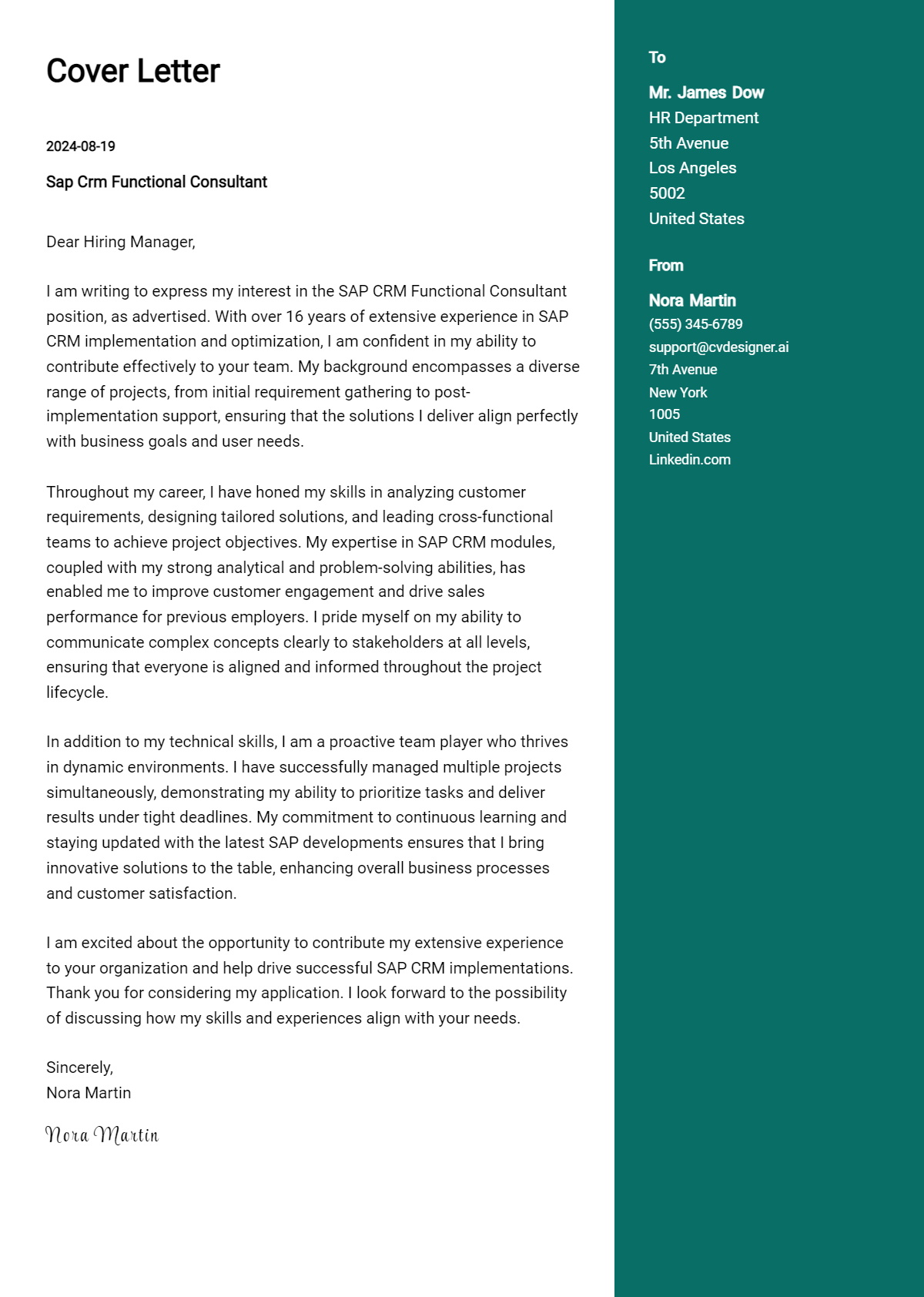 SAP CRM Functional Consultant Cover Letter Example for 2026: Top CV Skills Preview