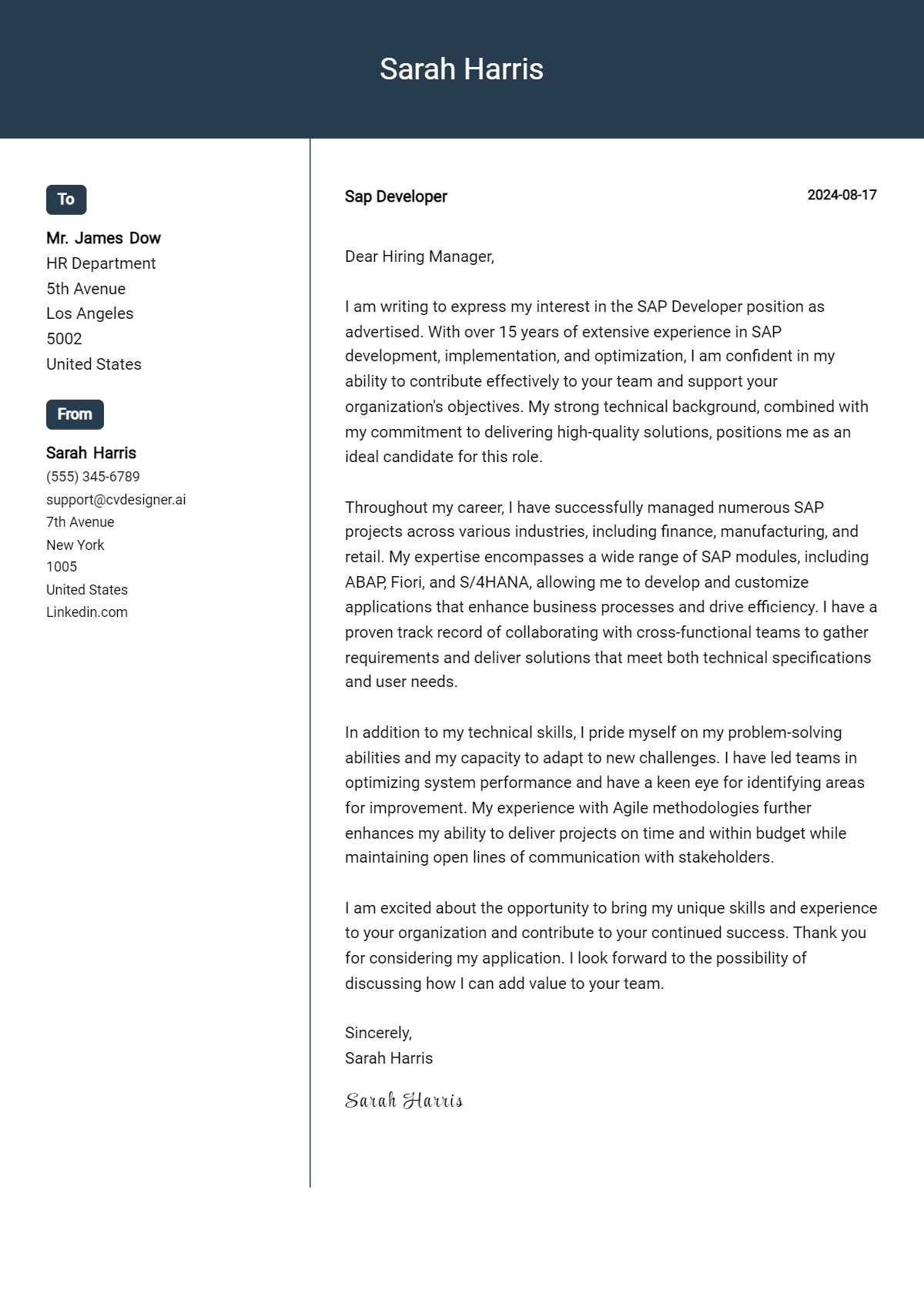 SAP Developer Cover Letter Example for 2026 (Download Templates) Preview