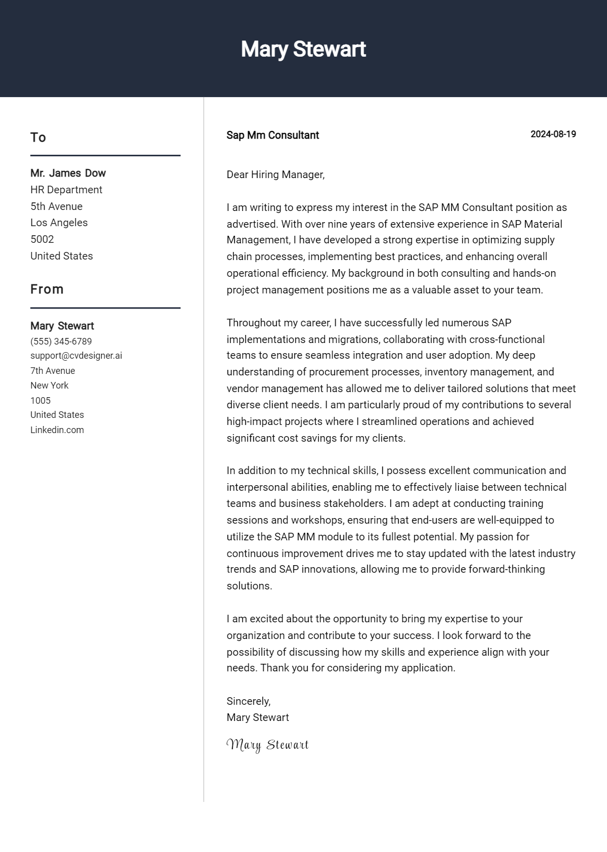 SAP Mm Consultant Cover Letter Examples & Samples for 2026 Preview