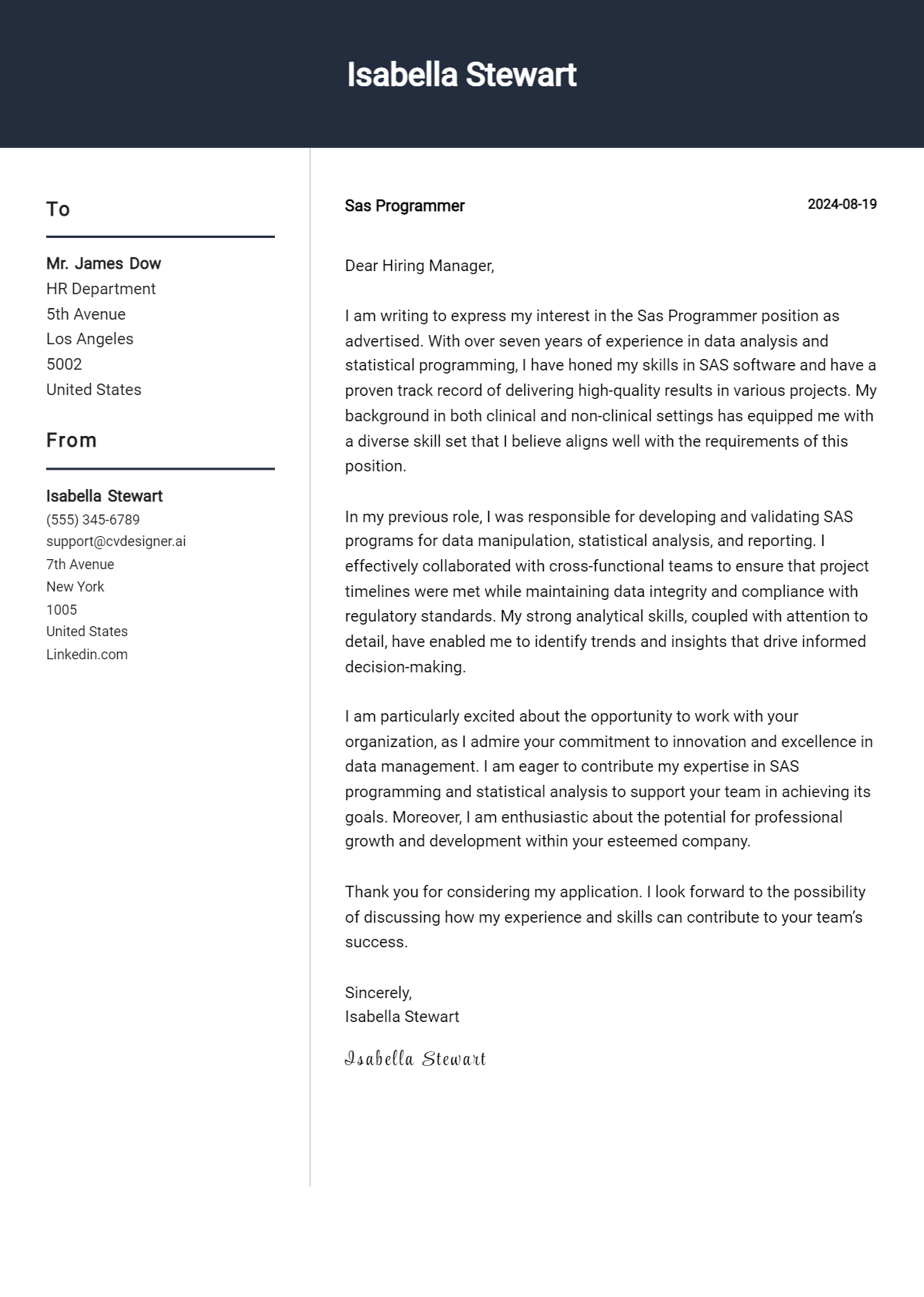 SAS Programmer Cover Letter Example for 2026 (Complete Writing Guide) Preview