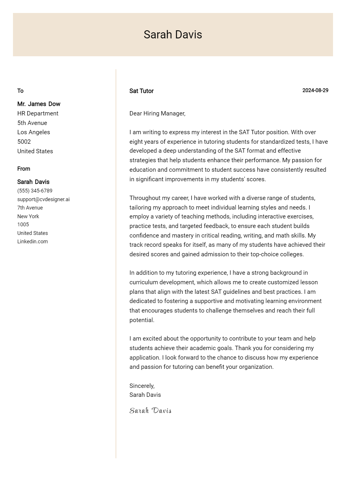 Sat Tutor Cover Letter Example for 2026: Top CV Skills Preview