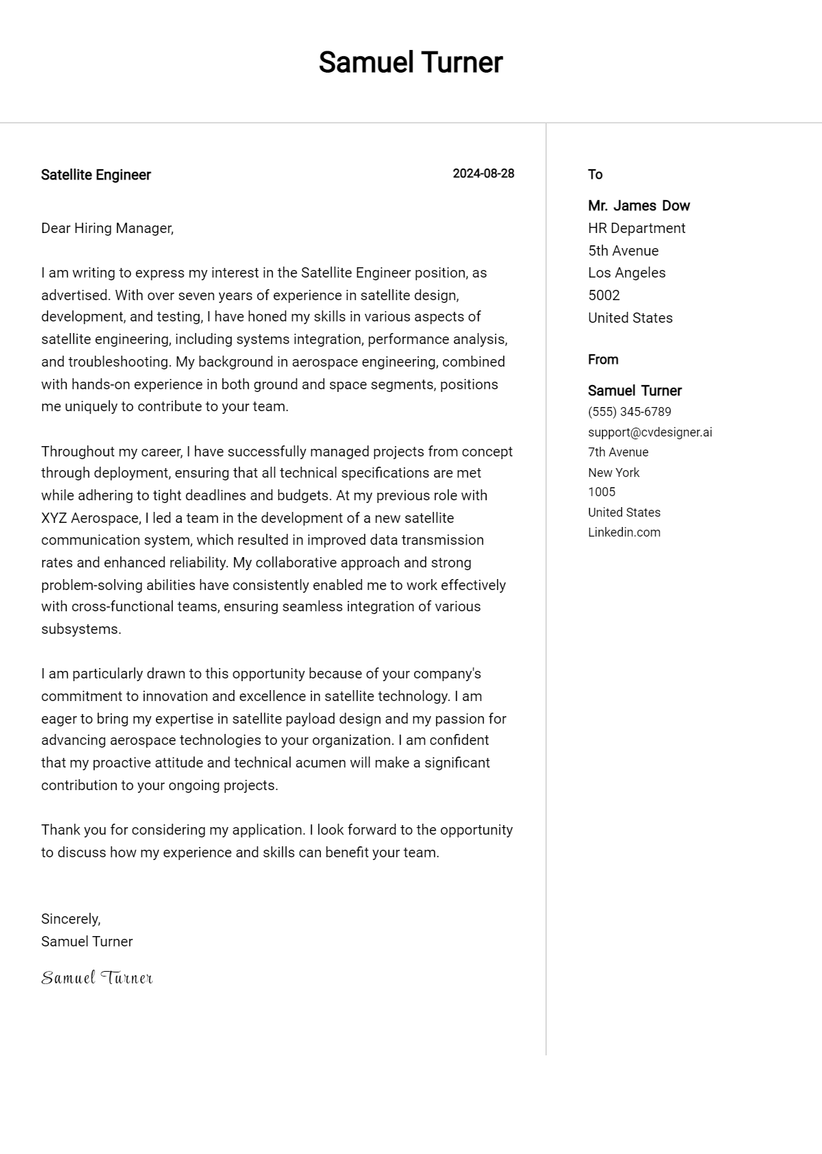 Satellite Engineer Cover Letter Example for 2026: Free Templates Preview