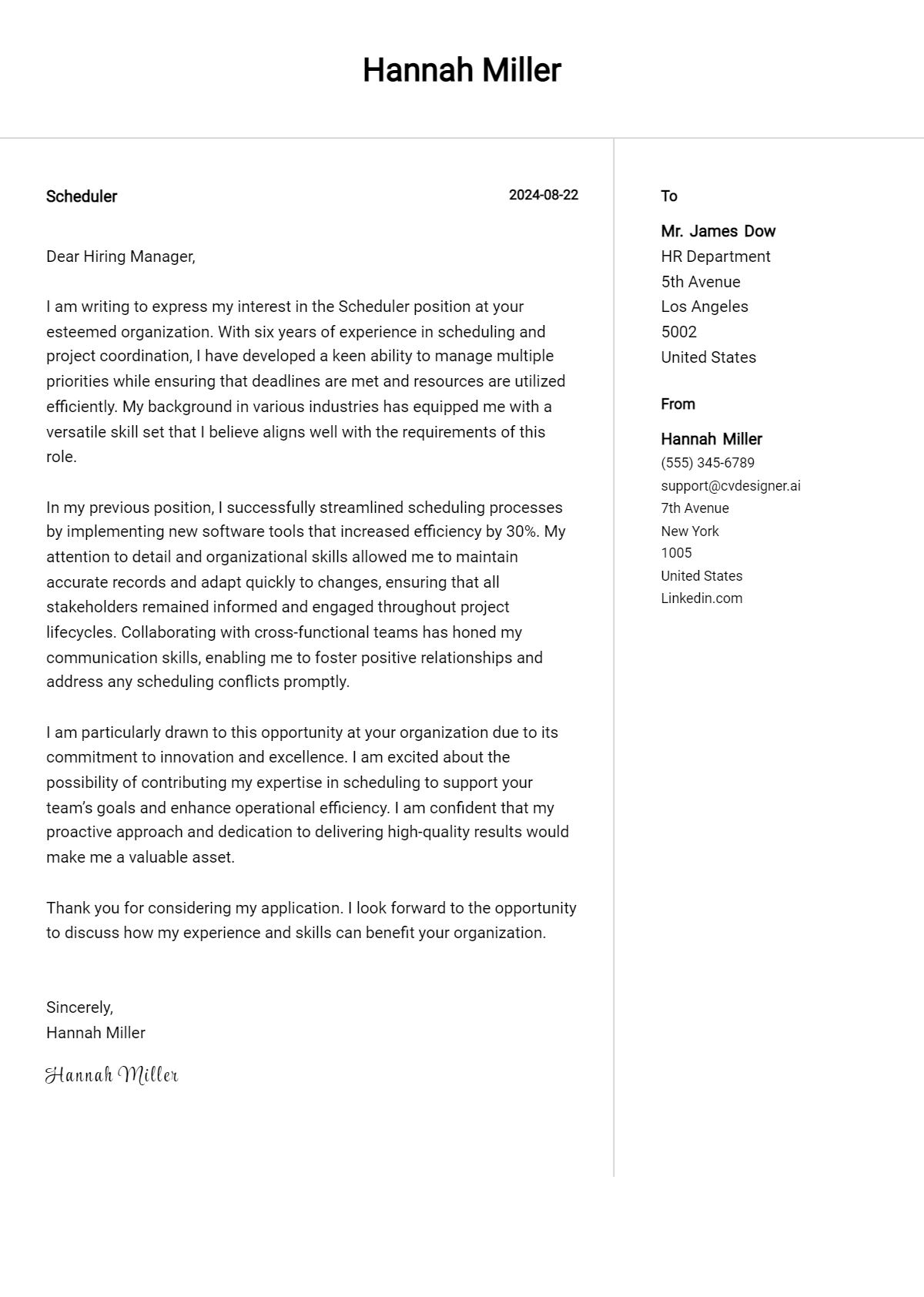 Scheduler Cover Letter Example for 2026 (Download Templates) Preview