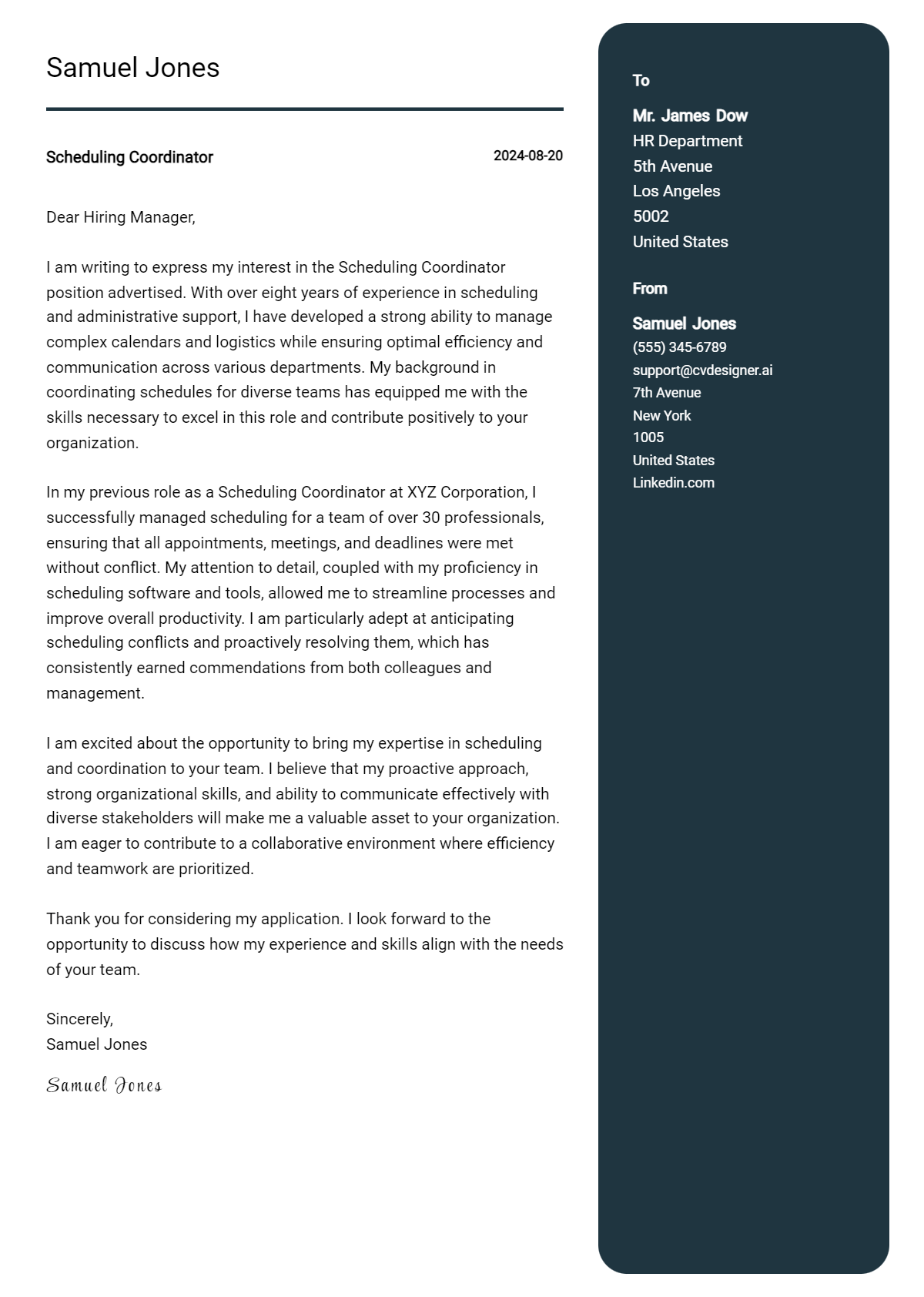 Scheduling Coordinator Cover Letter Example for 2026 (Download Templates) Preview