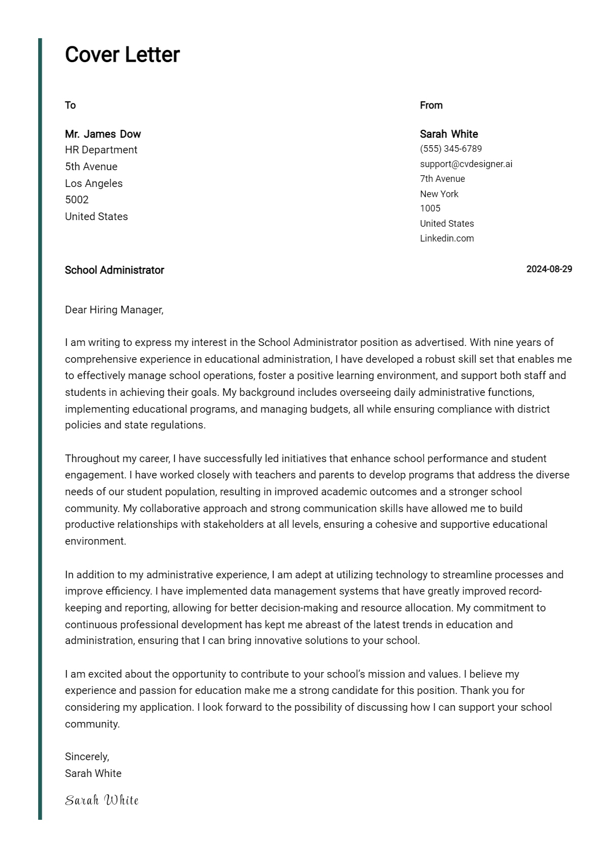 School Administrator Cover Letter Example for 2026: Top CV Skills Preview