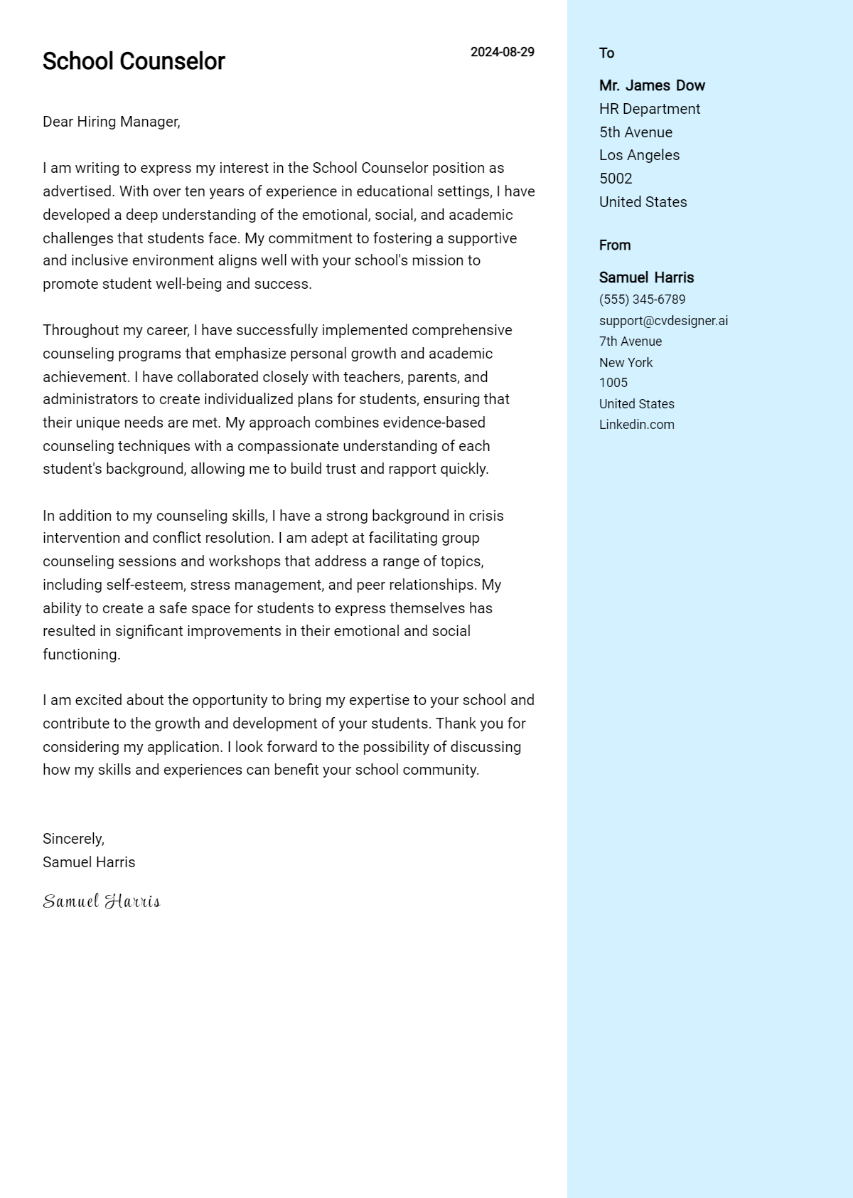 School Counselor Cover Letter Example for 2026 (Writing Guide) Preview