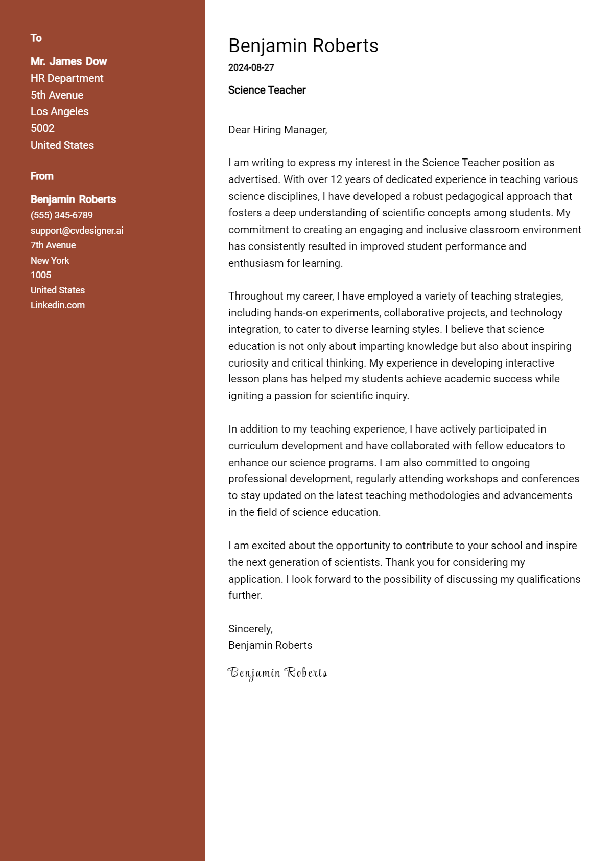 Science Teacher Cover Letter Example for 2026 (Complete Writing Guide) Preview