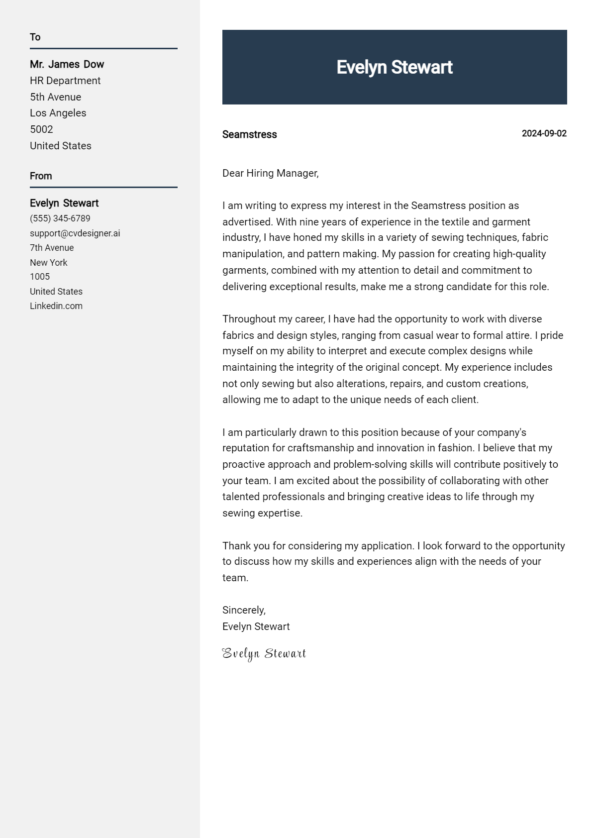 Seamstress Cover Letter Example for 2026 (Complete Writing Guide) Preview