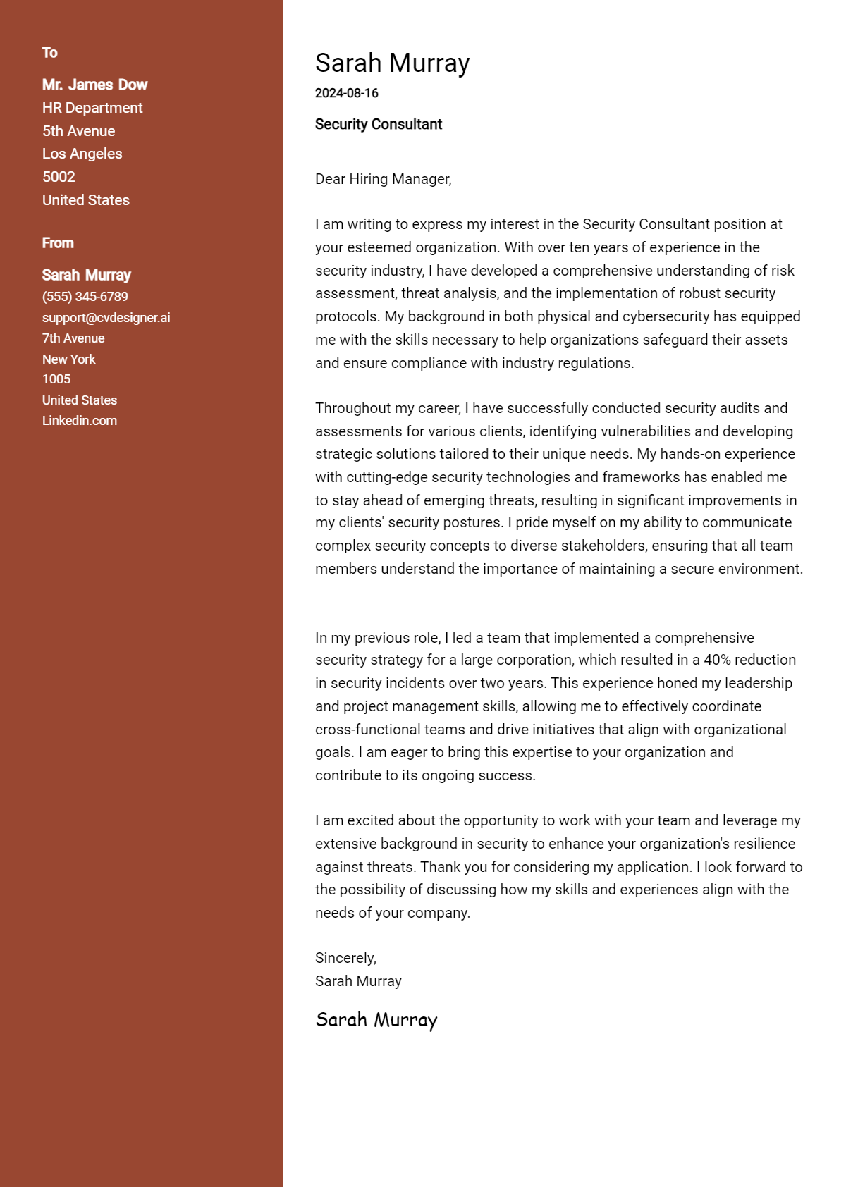 Security Consultant Cover Letter Example for 2026 (Download Templates) Preview