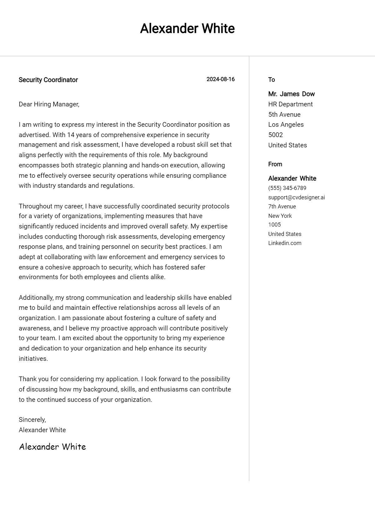 Security Coordinator Cover Letter Example for 2026: Top CV Skills Preview