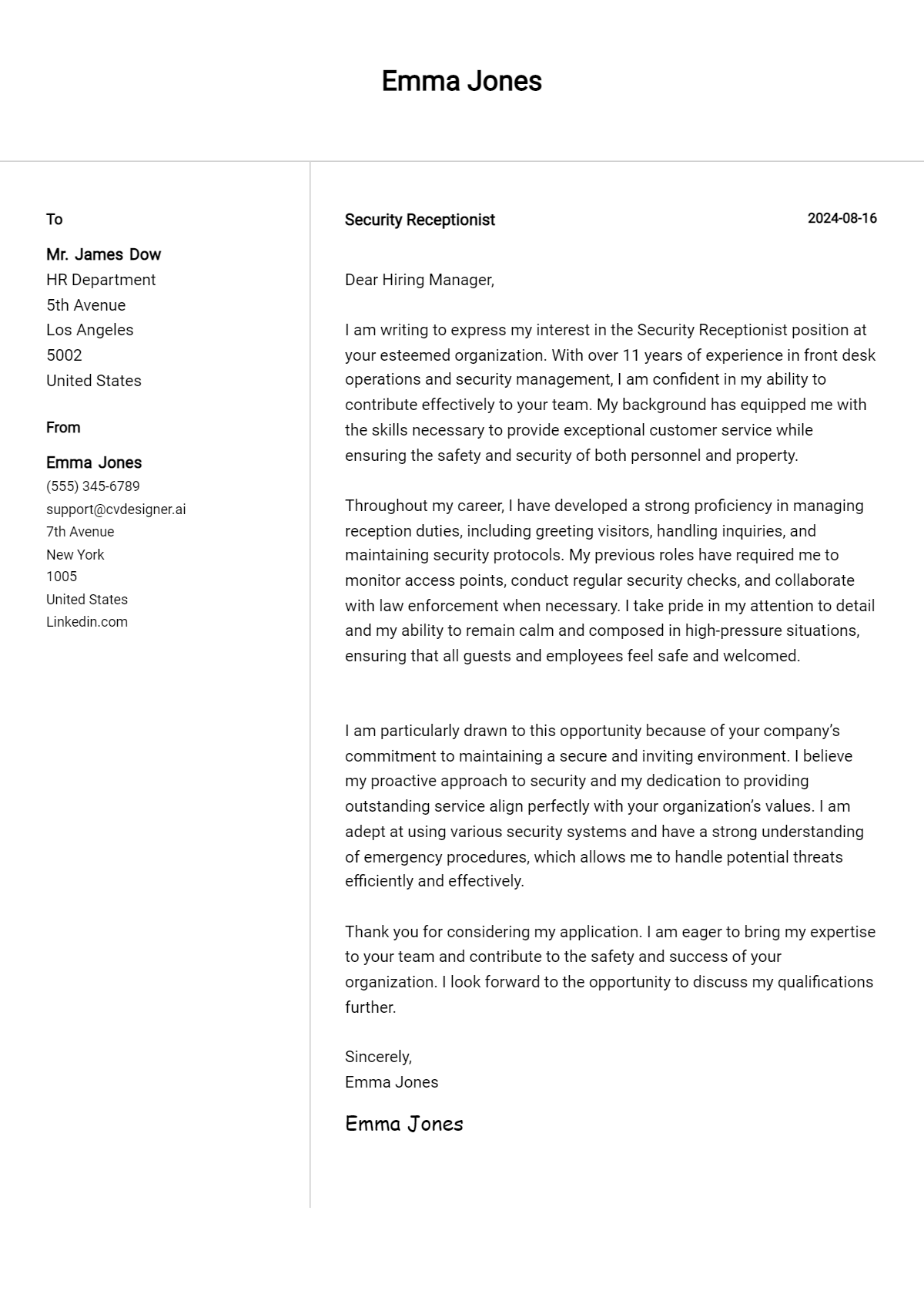 Security Receptionist Cover Letter Examples and Templates for 2026 Preview