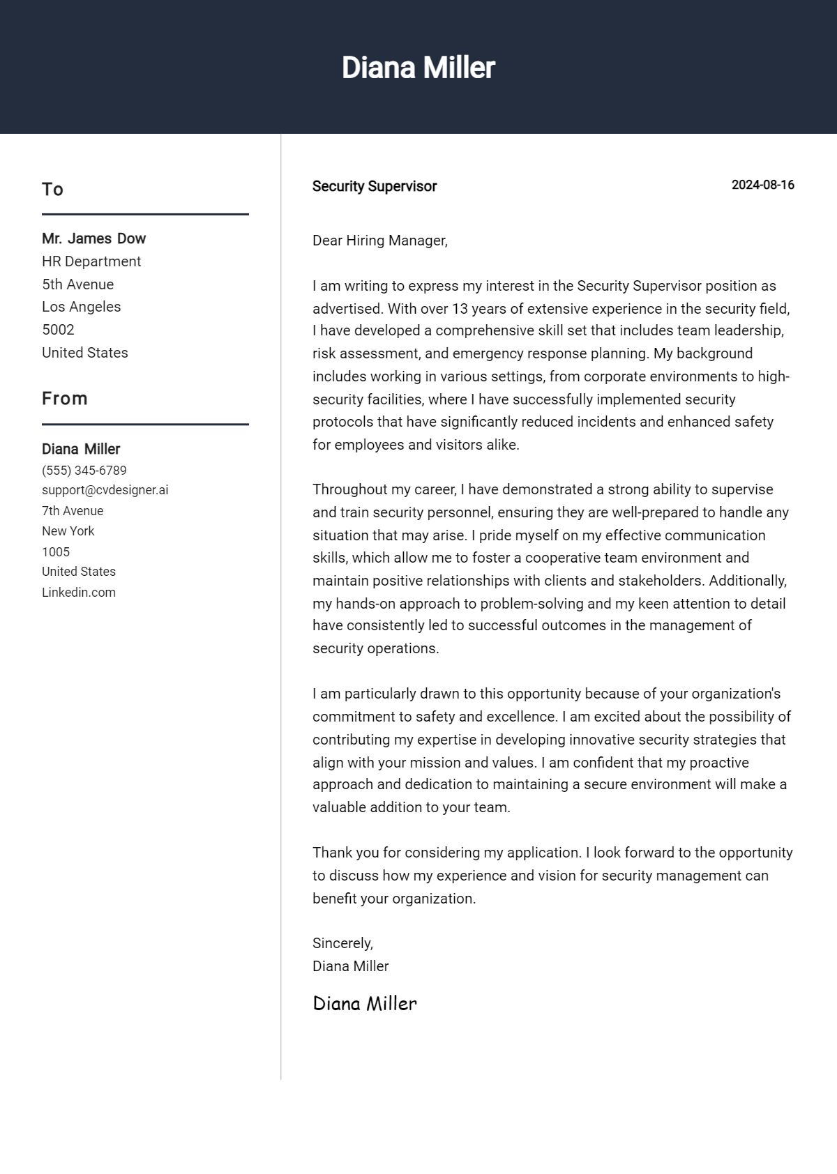 Security Supervisor Cover Letter Examples for 2026 (Downloadable) Preview