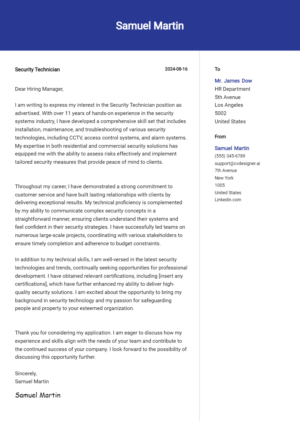 Security Technician Cover Letter Example for 2026 (Writing Guide) Preview
