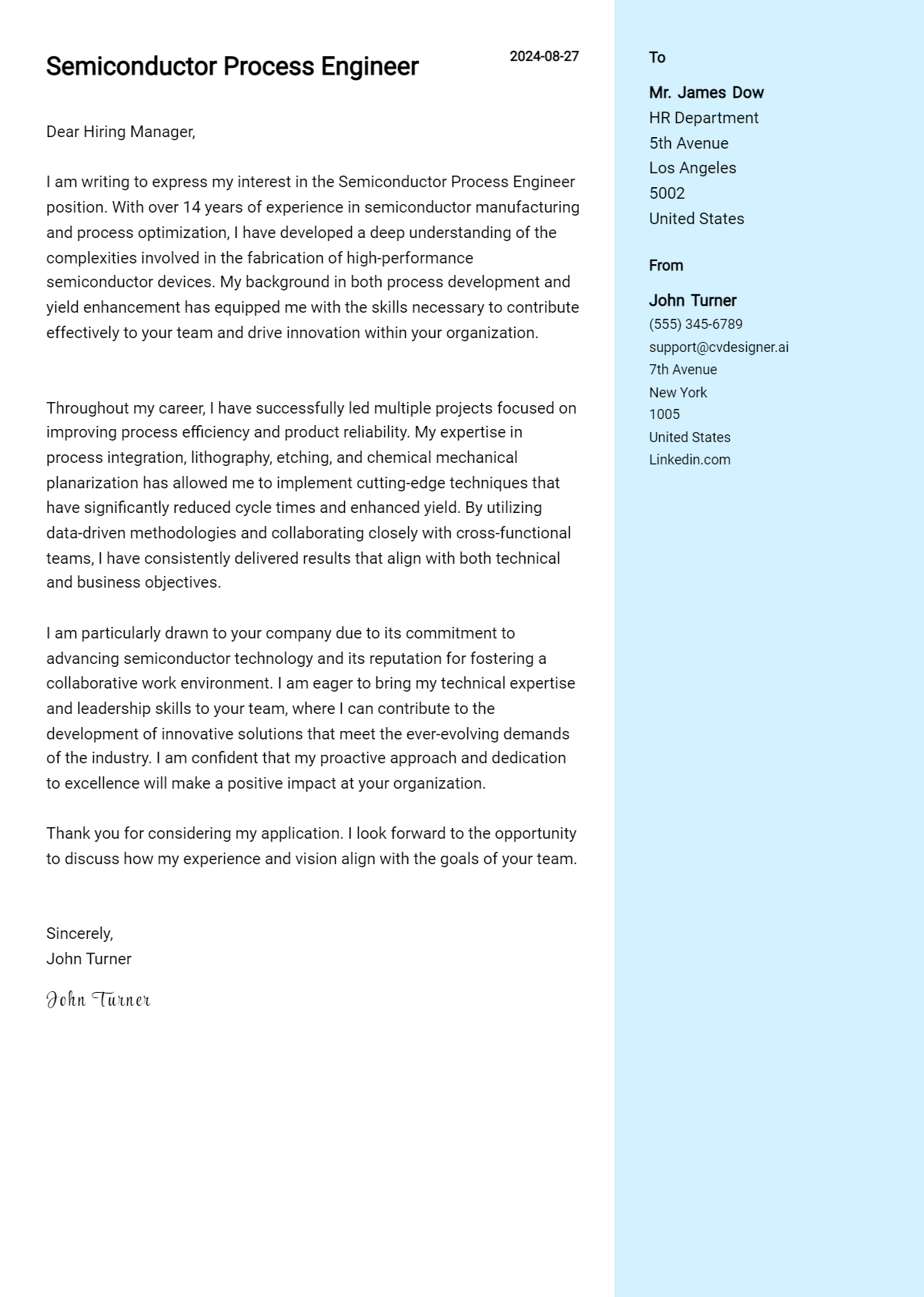 Semiconductor Process Engineer Cover Letter Example for 2026: Top CV Skills Preview