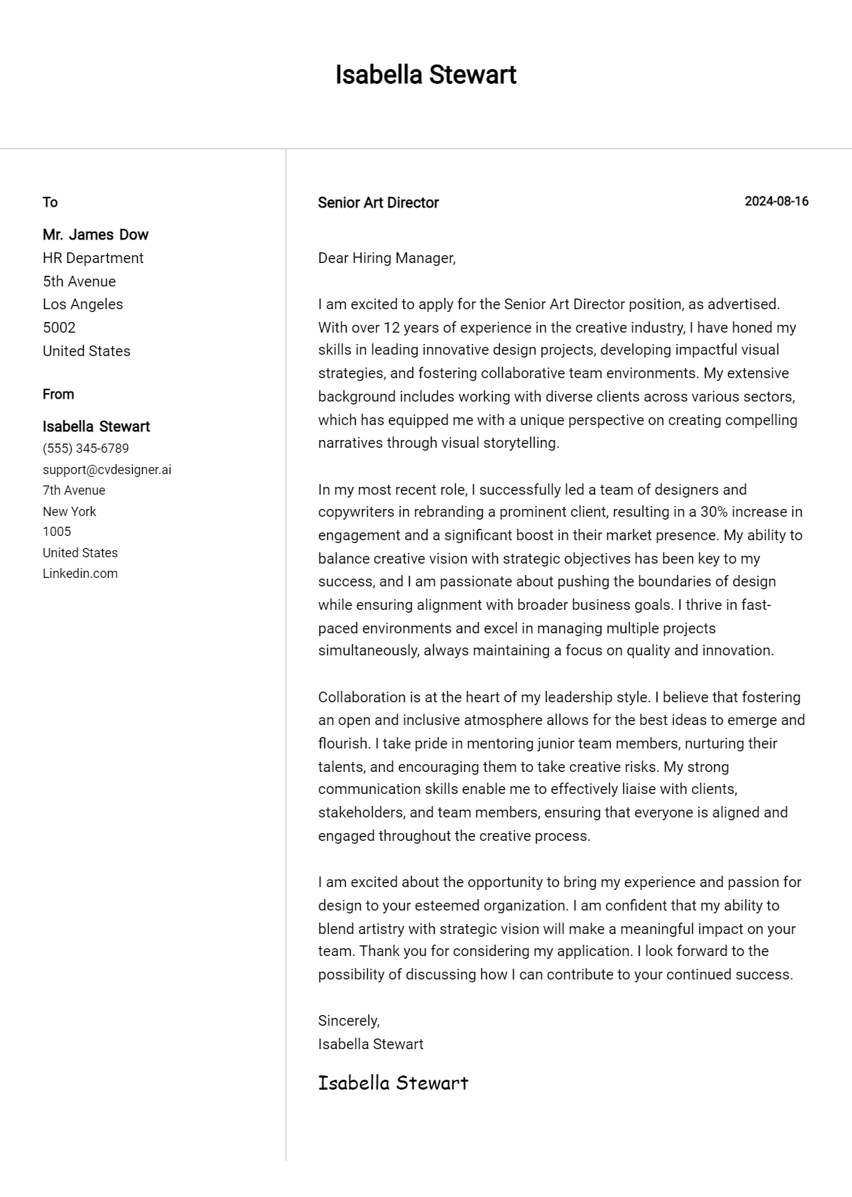 Senior Art Director Cover Letter Example for 2026: Ultimate Guide Preview
