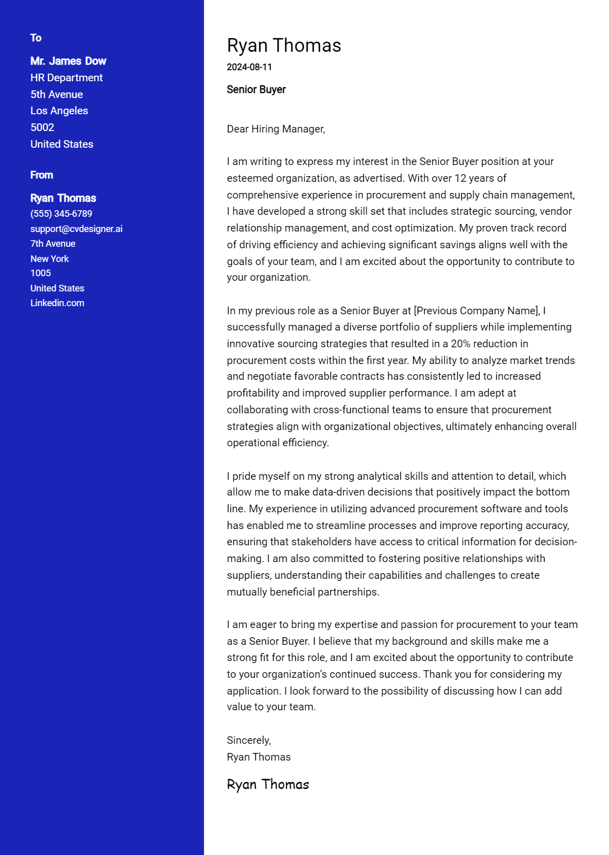 Senior Buyer Cover Letter Example for 2026 (Download Templates) Preview