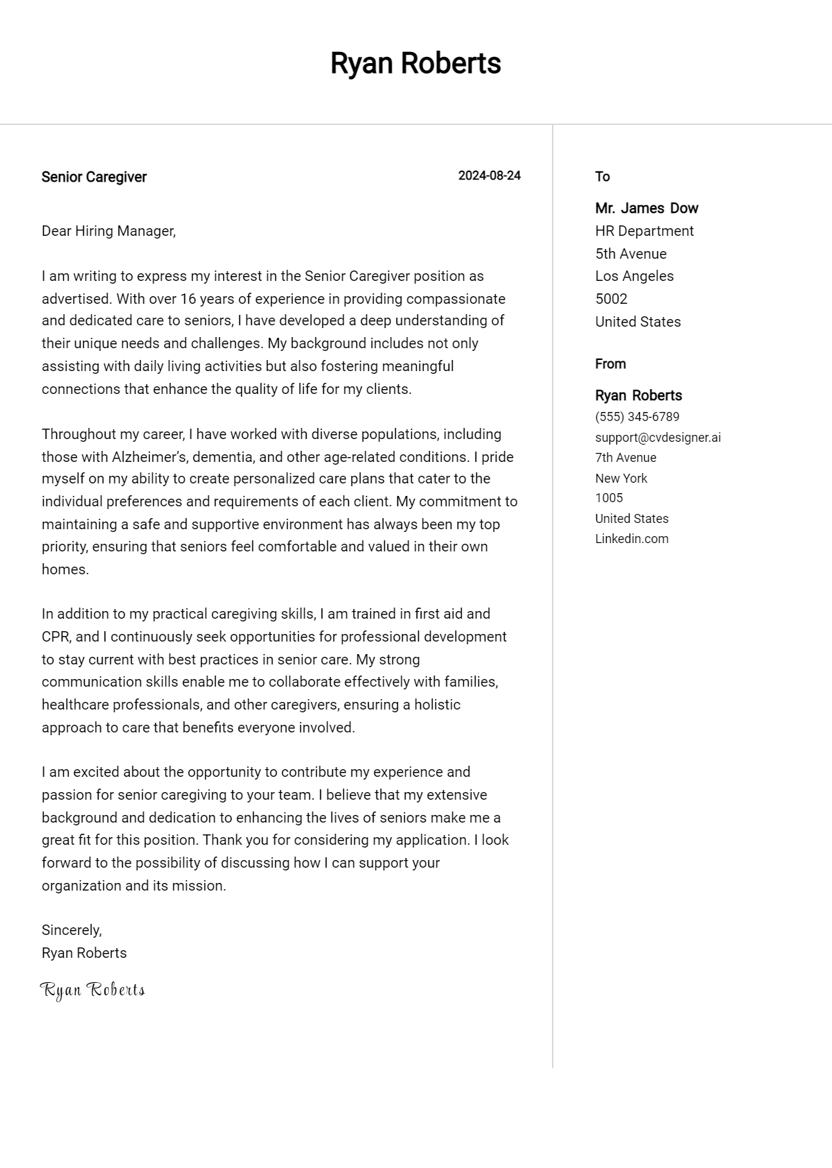 Senior Caregiver Cover Letter Samples & Examples 2026 Preview