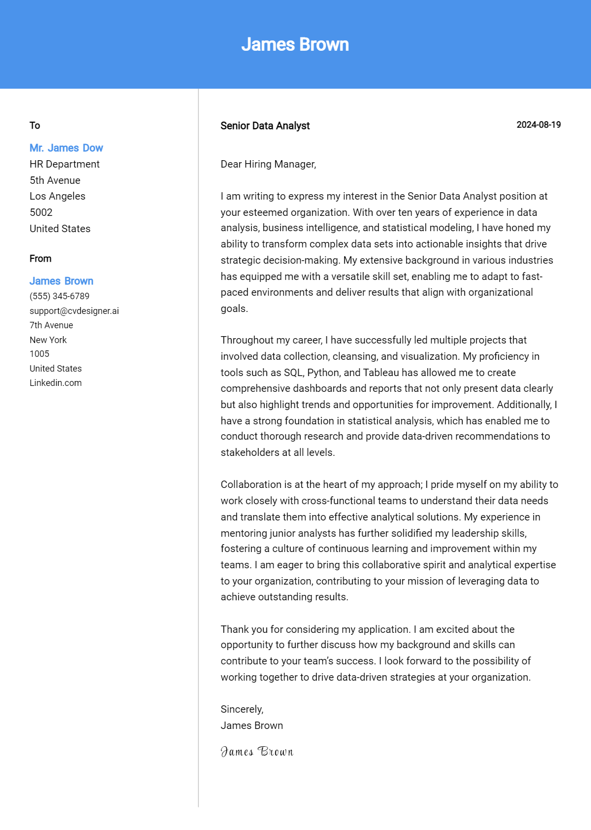 Senior Data Analyst Cover Letter Examples with Writing Tips for 2026 Preview