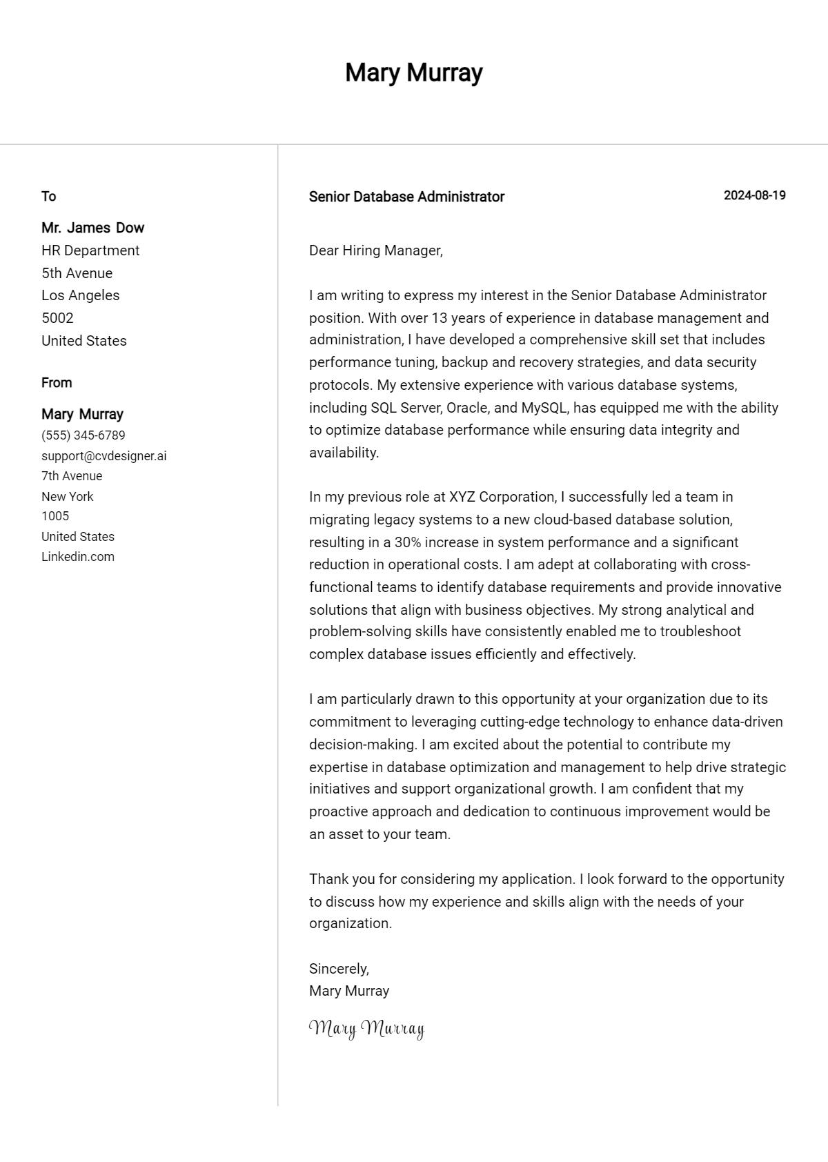 7 Senior Database Administrator Cover Letter Examples for 2026: Top CV Skills Preview