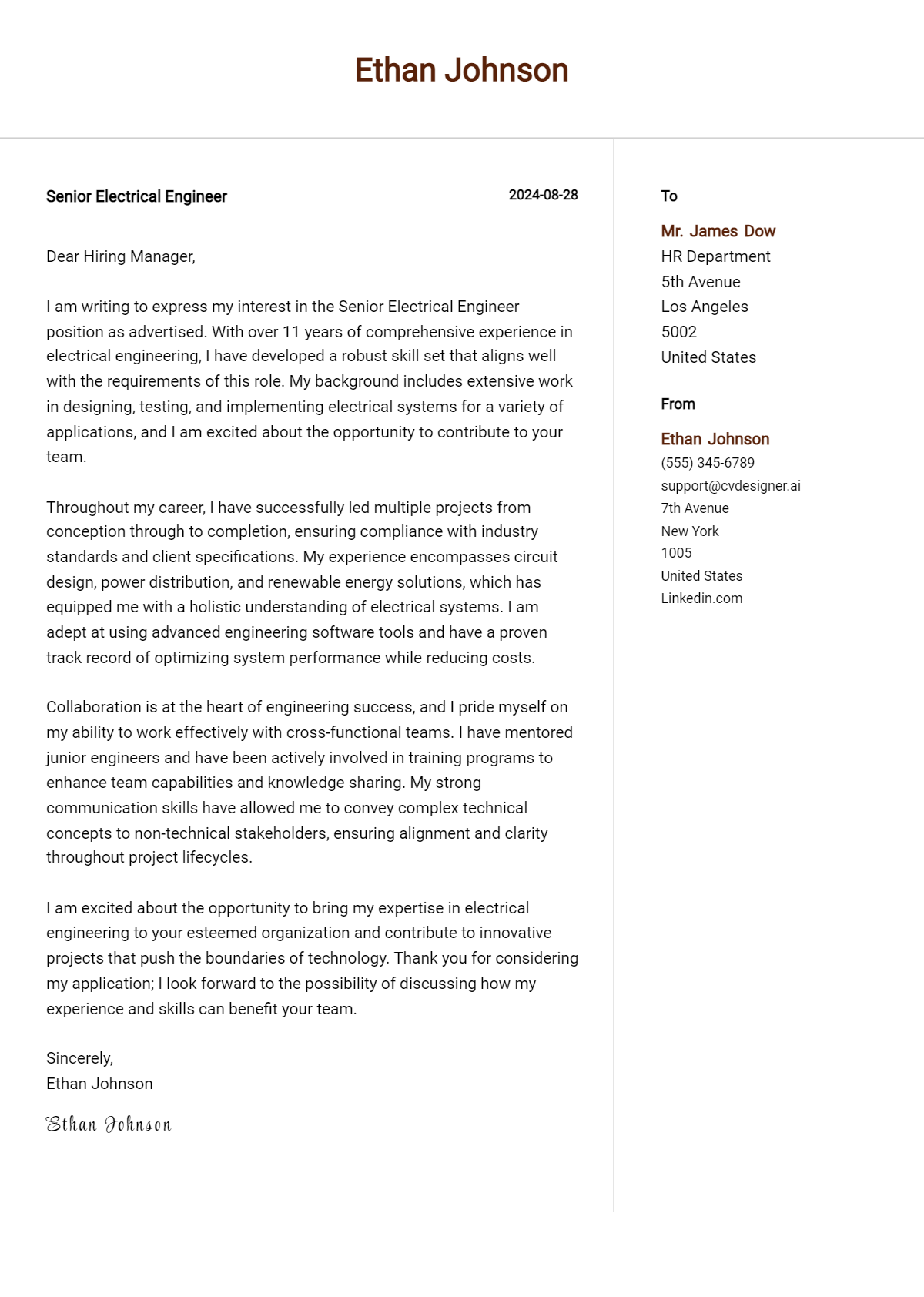 26 Senior Electrical Engineer Cover Letter Examples & Samples for 2026 Preview