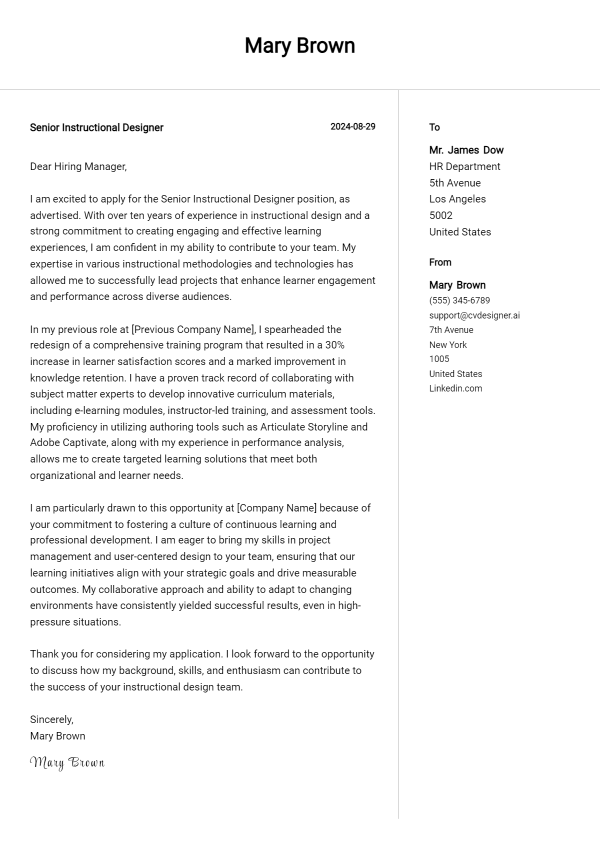 Senior Instructional Designer Cover Letter Example for 2026: Ultimate Guide Preview