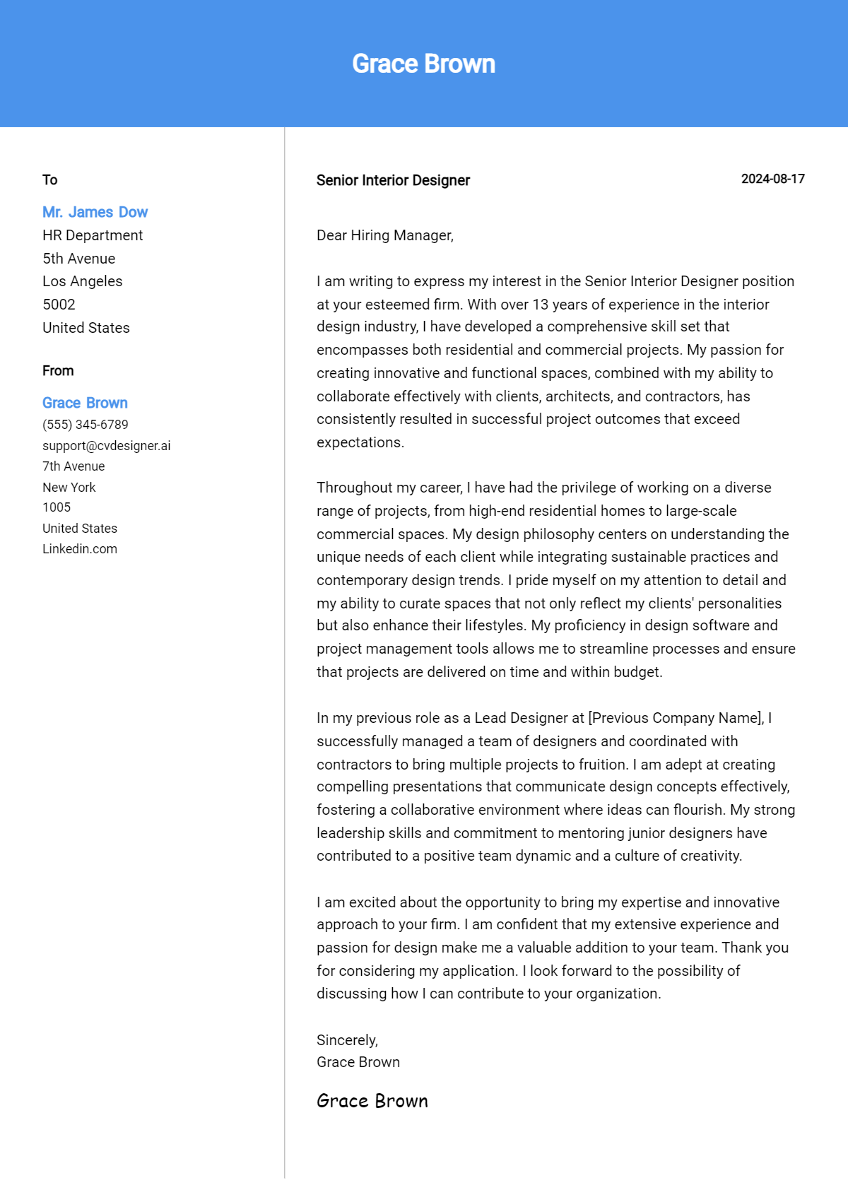Senior Interior Designer Cover Letter Example for 2026: Expert Tips & Templates Preview