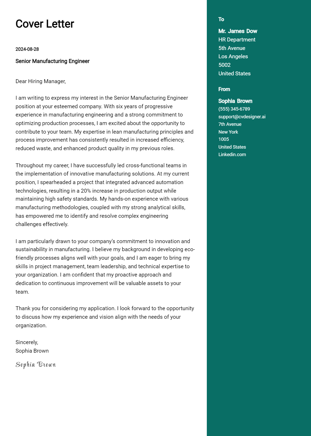 Senior Manufacturing Engineer Cover Letter Example for 2026: Top CV Skills Preview