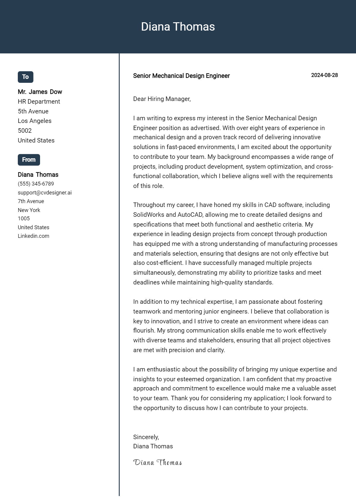 16 Senior Mechanical Design Engineer Cover Letter Examples & Samples for 2026 Preview